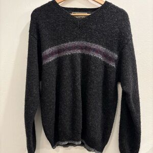 Wool Dark Charcoal V-Neck Sweater with Maroon and Gray Stripe